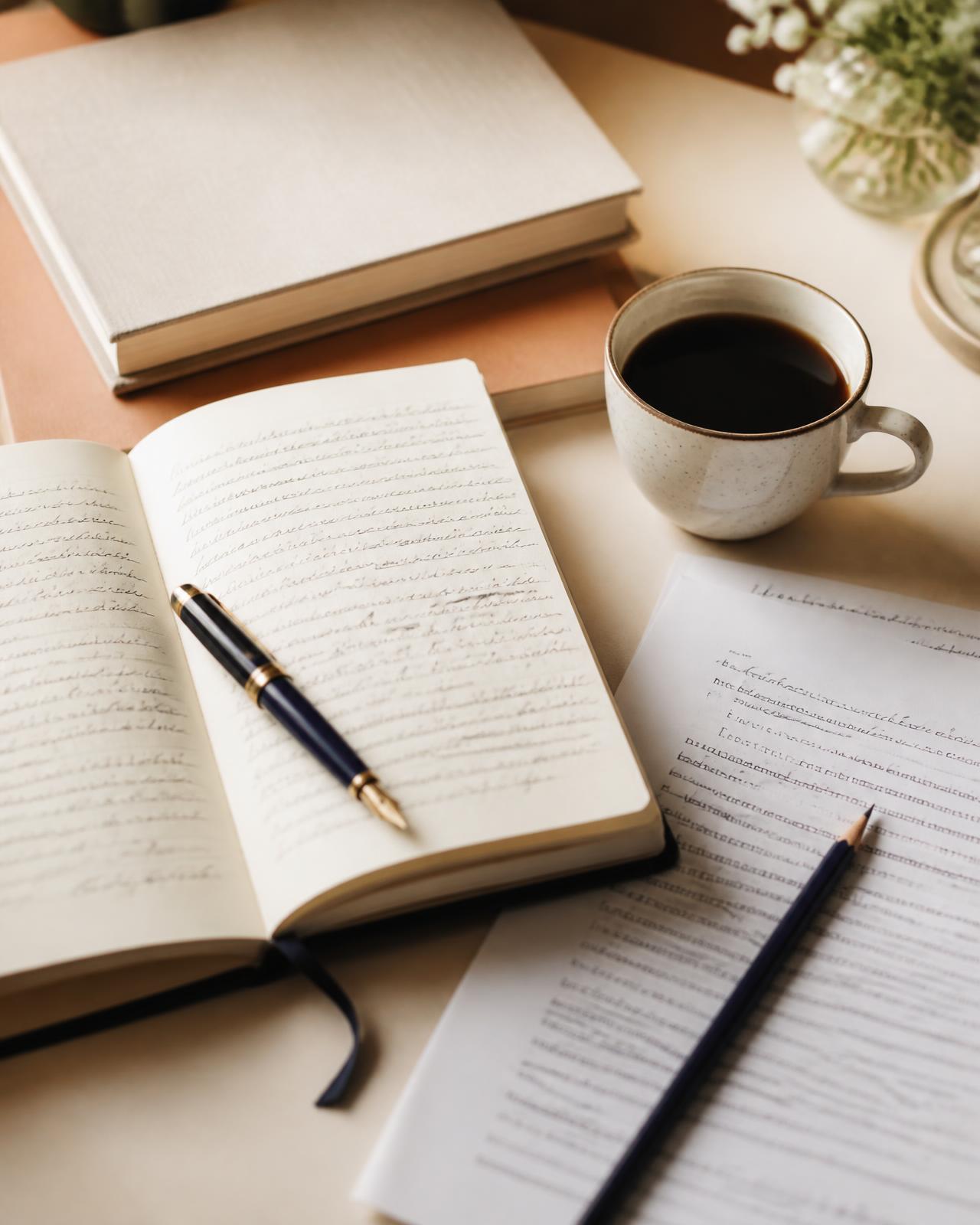 An open notebook of handwritten notes, a fountain pen and edited manuscript pages on a warm ivory desk