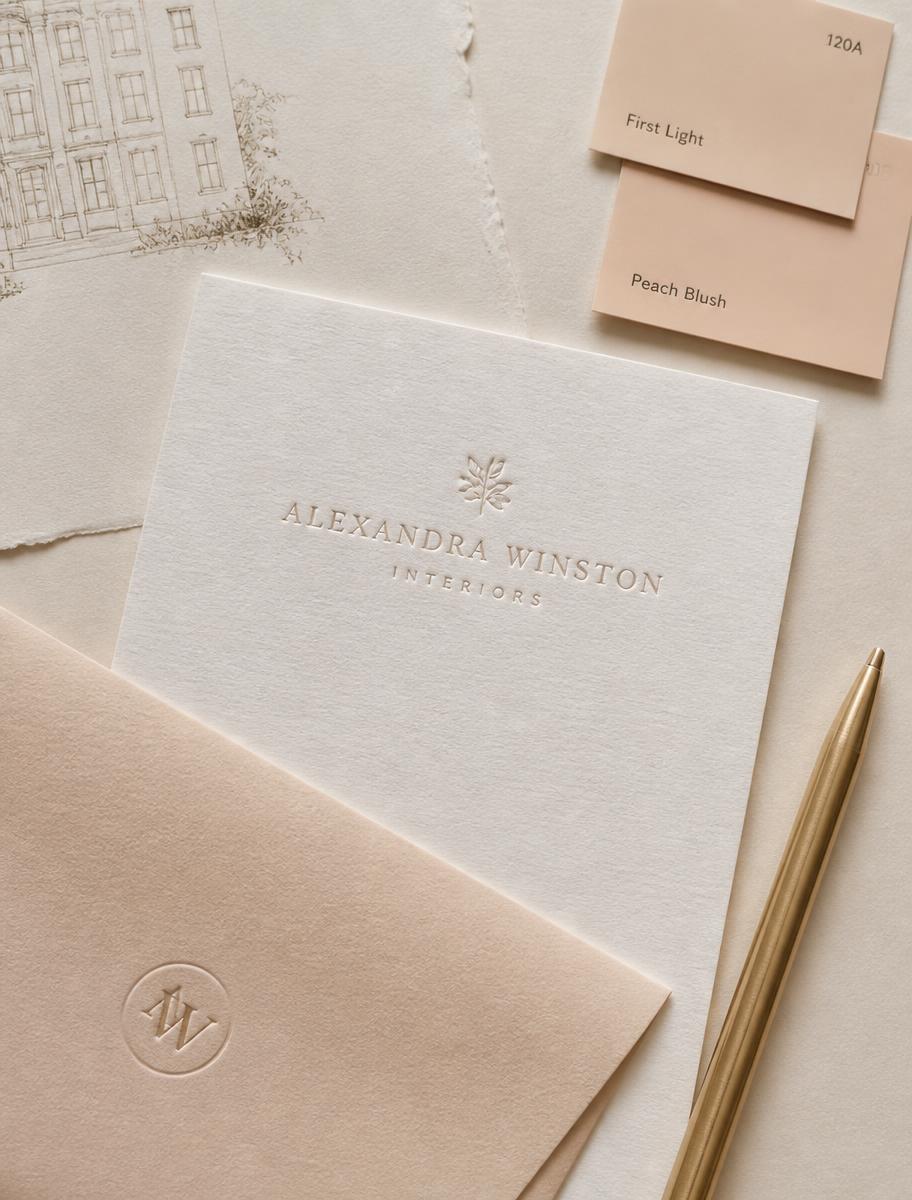Letterpress stationery with peach paint swatches and a brass pen