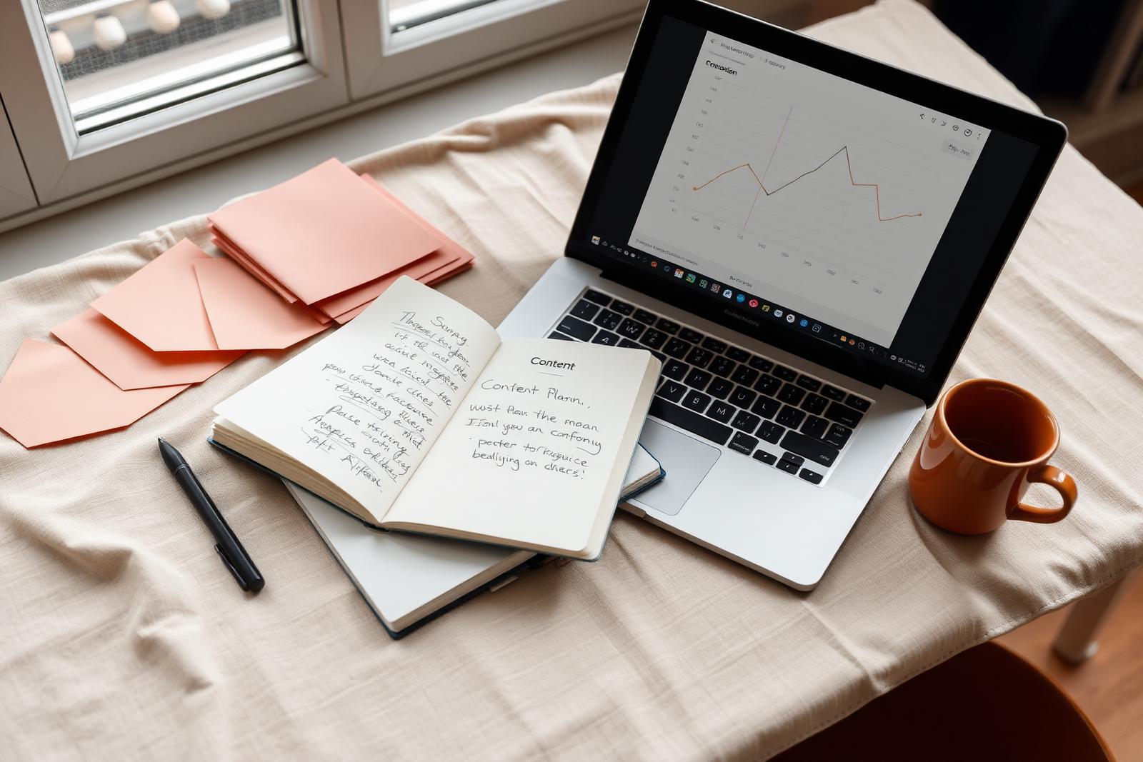 An open notebook with a handwritten content plan beside a laptop showing a traffic graph on a warm ivory linen desk