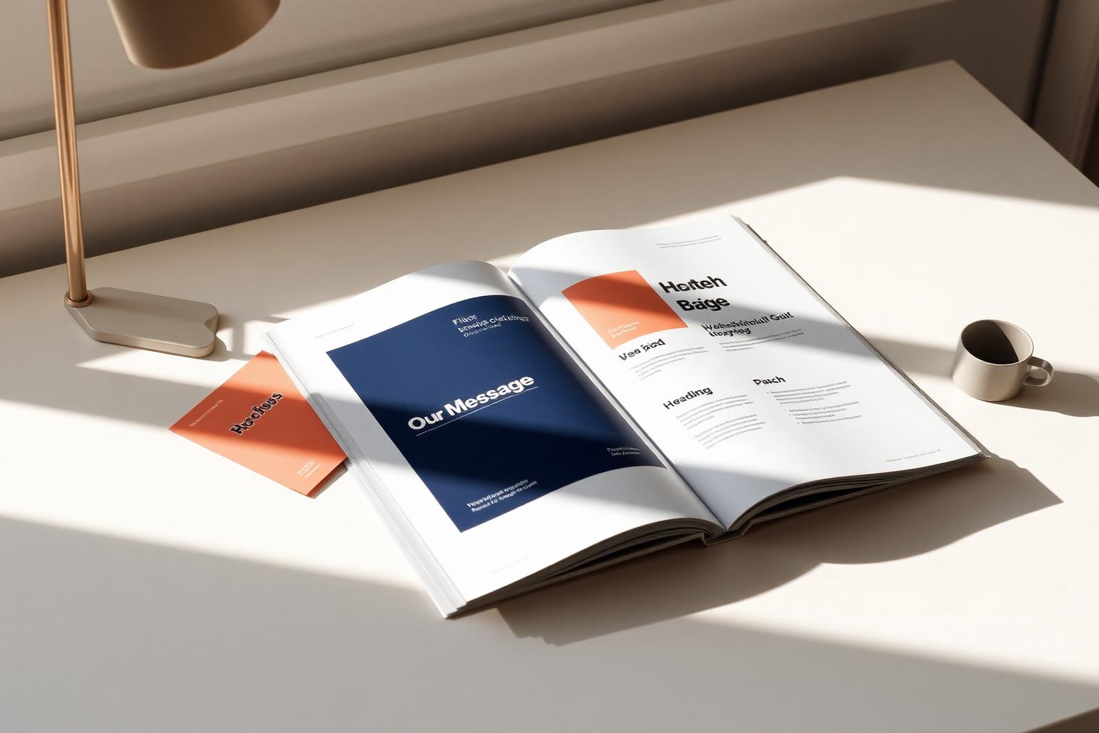 A brand messaging style guide open on an ivory desk showing typography samples and peach colour swatch cards