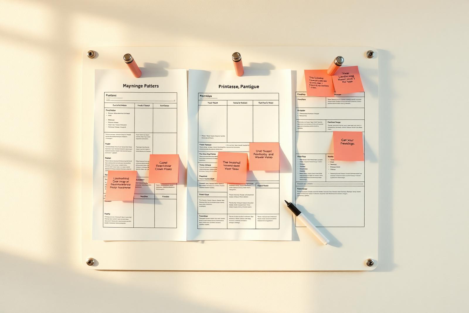 Printed landing page wireframe sheets pinned to an ivory board with peach sticky notes and a marker
