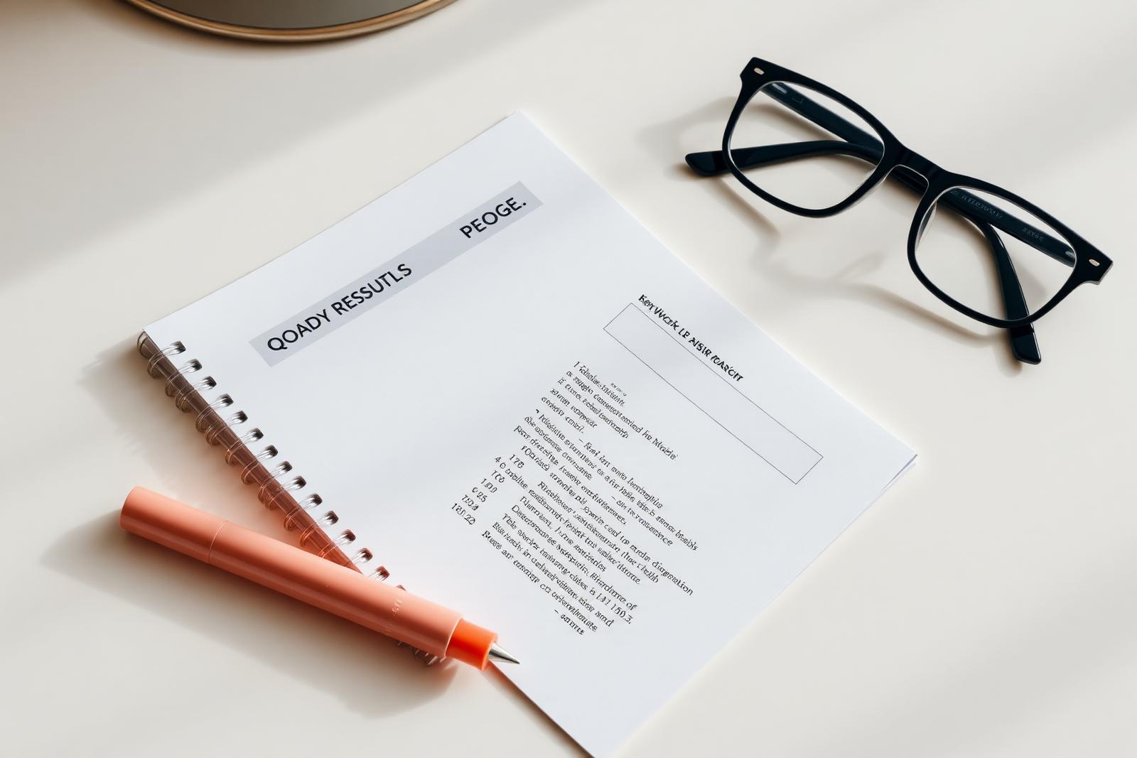Keyword research notes and a printed search results page on an ivory desk beside reading glasses and a peach highlighter