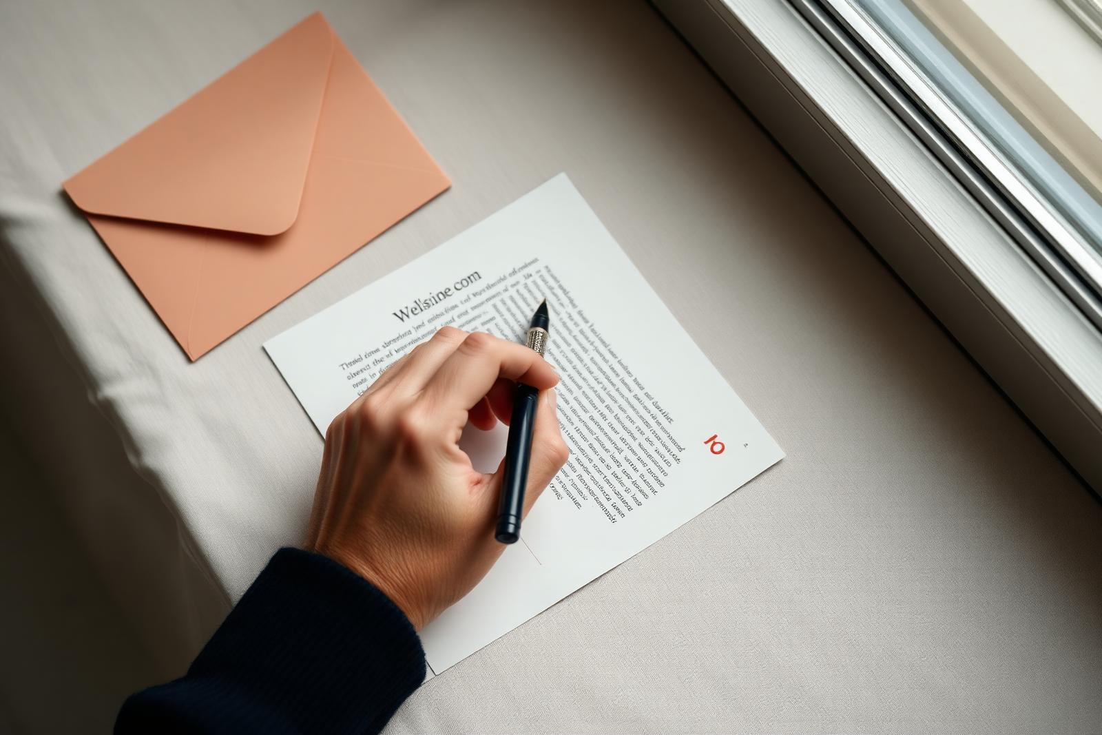 A hand editing printed website copy with a navy fountain pen beside a soft peach envelope on linen