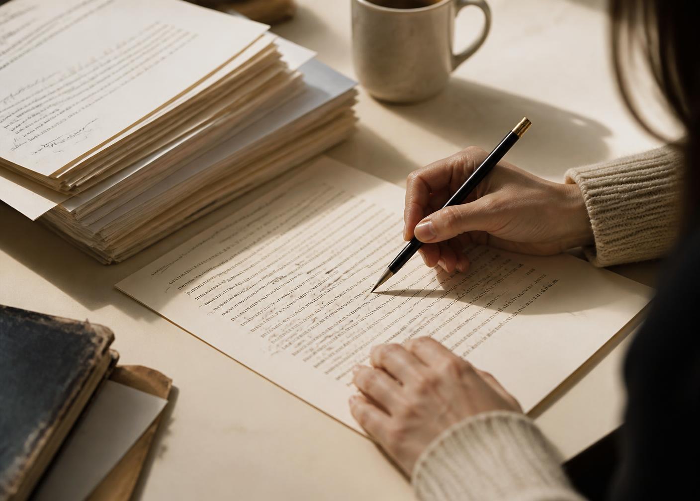 A writer annotating a printed manuscript with a pencil beside a stack of proof pages